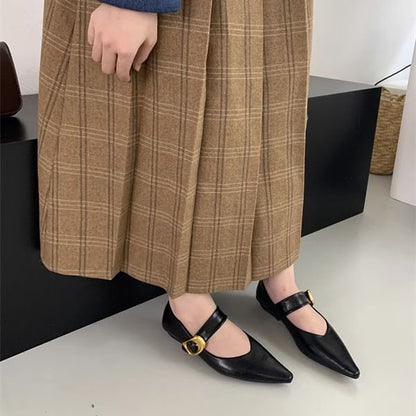 Pointed Toe Plain Faux Leather Mary Jane Shoes