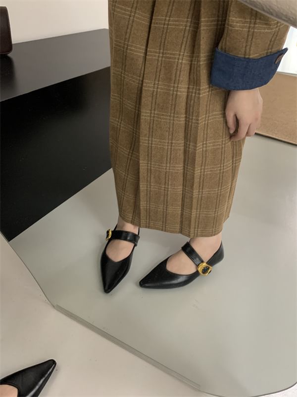 Pointed Toe Plain Faux Leather Mary Jane Shoes