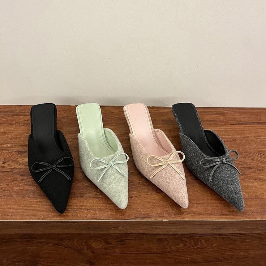Chunky Heel Pointed Toe Plain Bow Accent Mules