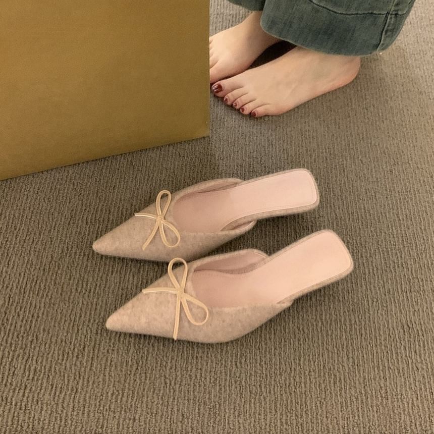 Chunky Heel Pointed Toe Plain Bow Accent Mules