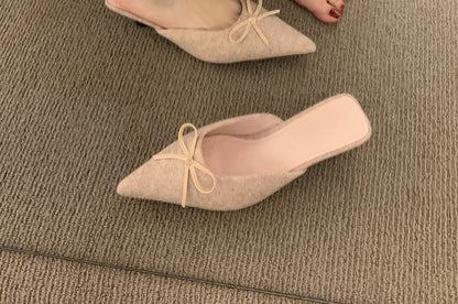 Chunky Heel Pointed Toe Plain Bow Accent Mules