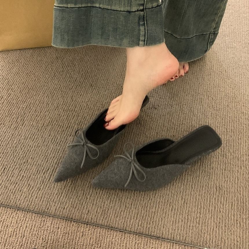 Chunky Heel Pointed Toe Plain Bow Accent Mules
