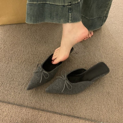 Chunky Heel Pointed Toe Plain Bow Accent Mules