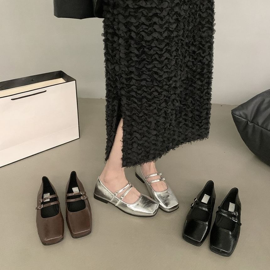Square Toe Double Strap Faux Leather Mary Jane Shoes
