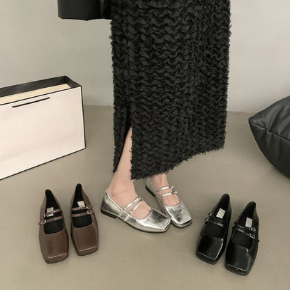 Square Toe Double Strap Faux Leather Mary Jane Shoes