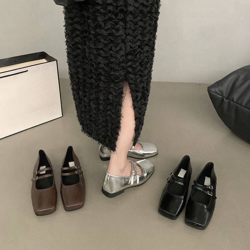 Square Toe Double Strap Faux Leather Mary Jane Shoes
