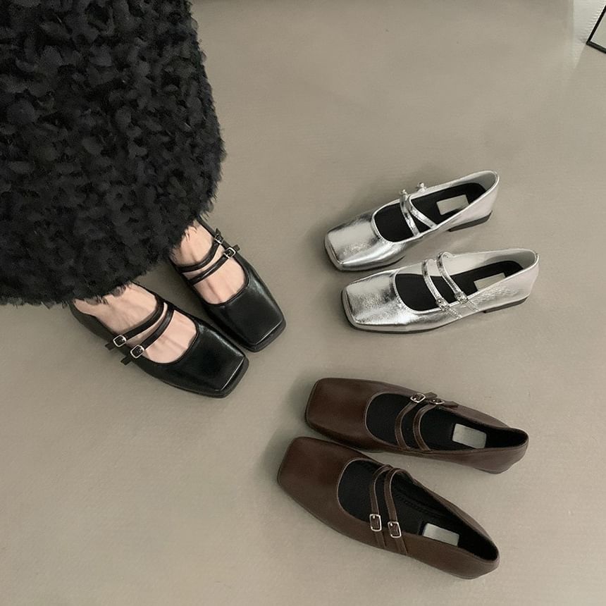 Square Toe Double Strap Faux Leather Mary Jane Shoes