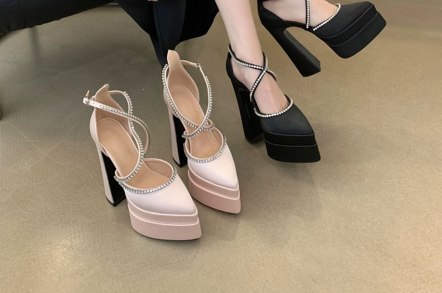 Chunky Heel Pointed Toe Rhinestone Accent D'Orsay Pumps