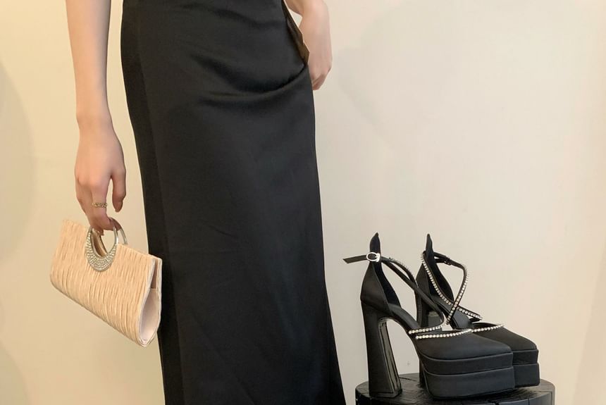 Chunky Heel Pointed Toe Rhinestone Accent D'Orsay Pumps