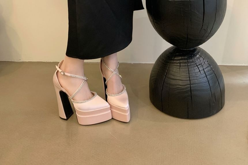 Chunky Heel Pointed Toe Rhinestone Accent D'Orsay Pumps