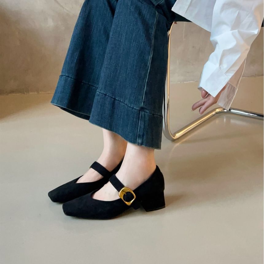 Chunky Heel Buckled Faux Suede Mary Jane Pumps