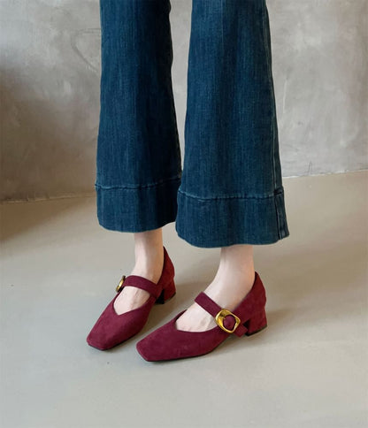 Chunky Heel Buckled Faux Suede Mary Jane Pumps