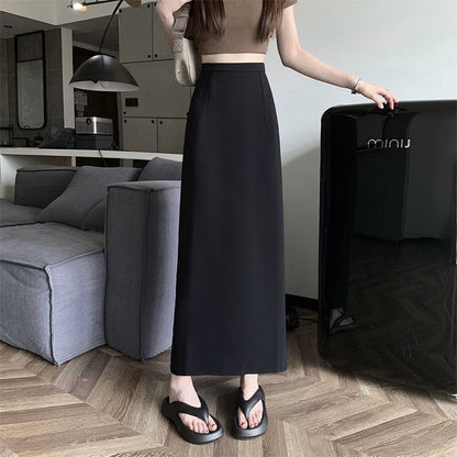 High Rise Plain Back-Slit Maxi A-Line Skirt