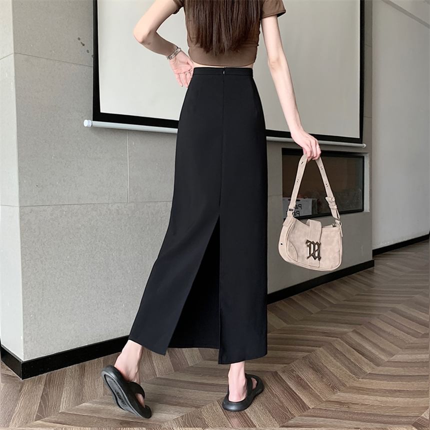 High Rise Plain Back-Slit Maxi A-Line Skirt