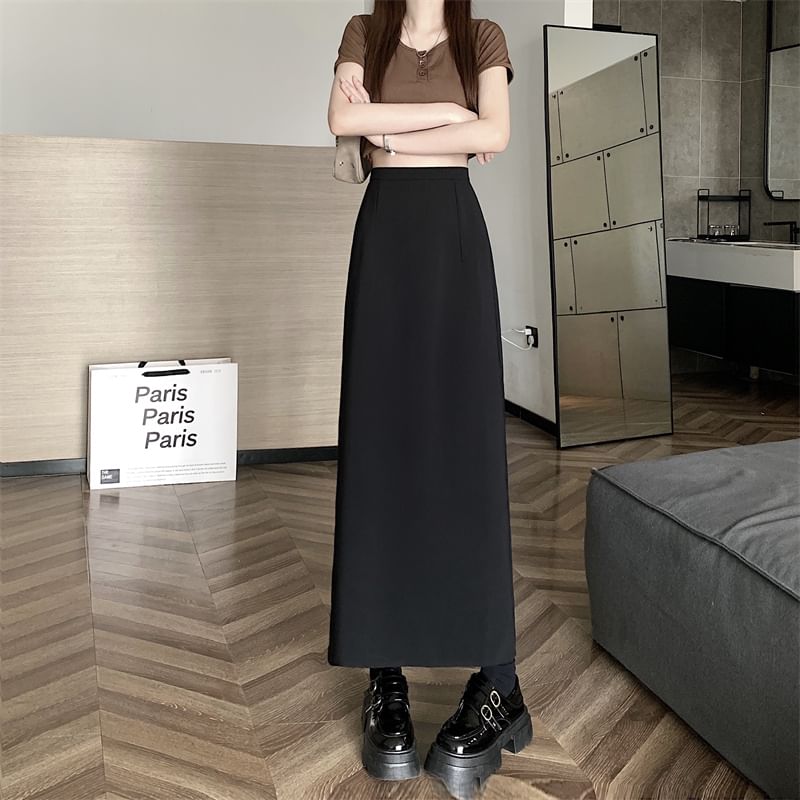 High Rise Plain Back-Slit Maxi A-Line Skirt