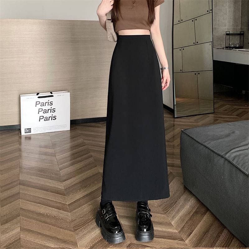 High Rise Plain Back-Slit Maxi A-Line Skirt