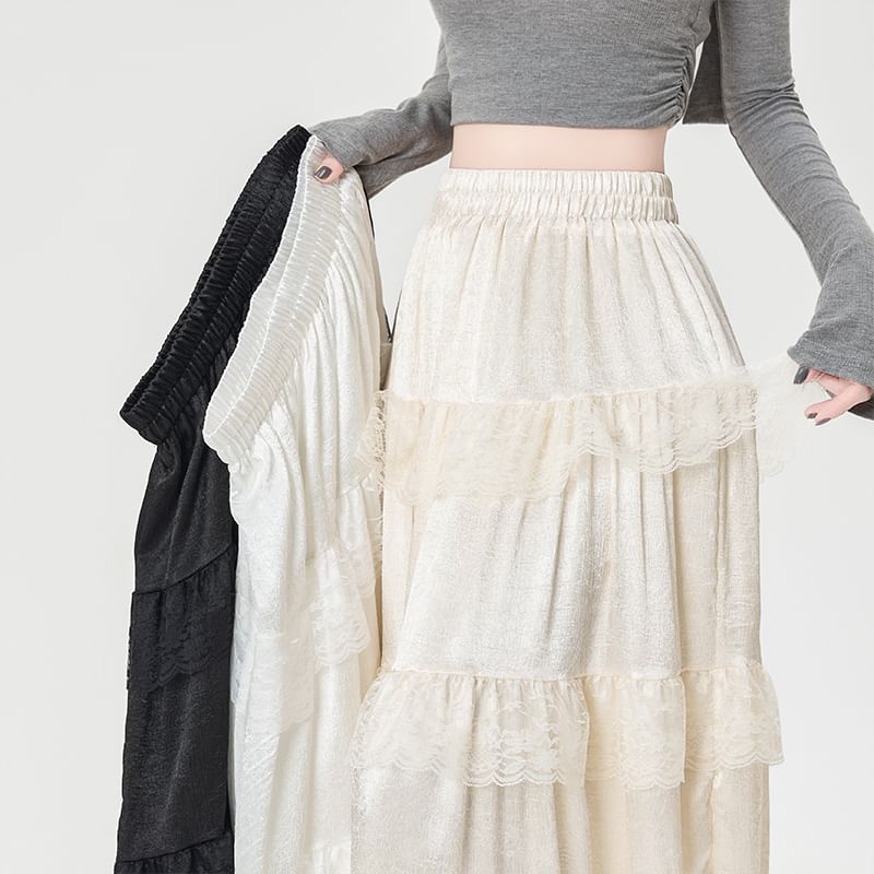 High Rise Plain Lace Trim Maxi A-Line Skirt