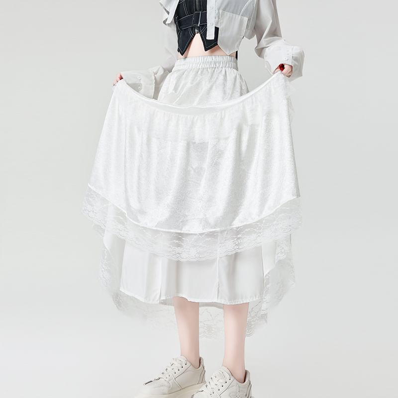 High Rise Plain Lace Trim Maxi A-Line Skirt