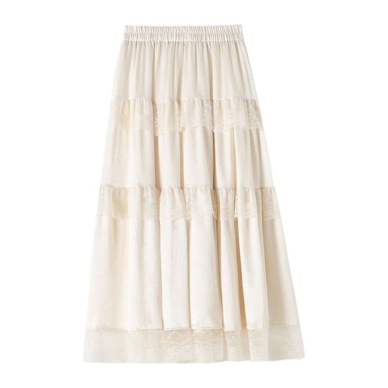 High Rise Plain Lace Trim Maxi A-Line Skirt