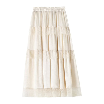High Rise Plain Lace Trim Maxi A-Line Skirt