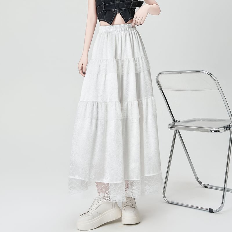 High Rise Plain Lace Trim Maxi A-Line Skirt