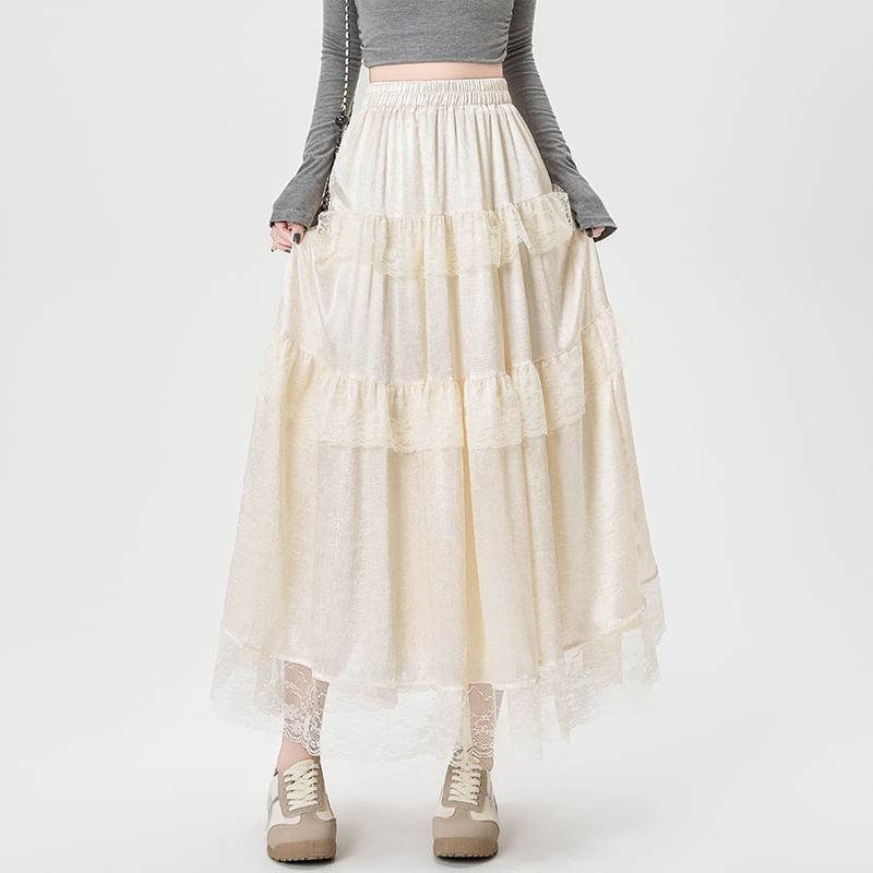 High Rise Plain Lace Trim Maxi A-Line Skirt