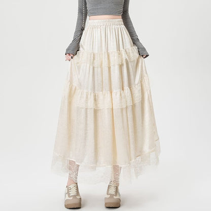 High Rise Plain Lace Trim Maxi A-Line Skirt