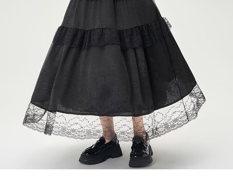 High Rise Plain Lace Trim Maxi A-Line Skirt
