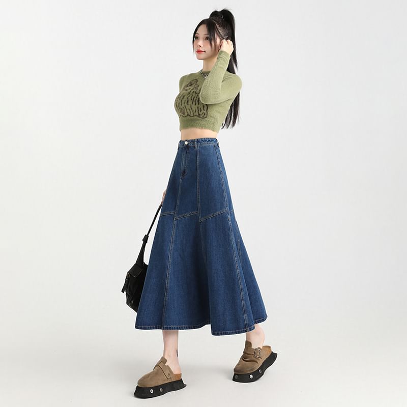 High Rise Contrast Stitching Denim Midi A-Line Skirt