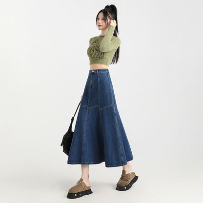 High Rise Contrast Stitching Denim Midi A-Line Skirt