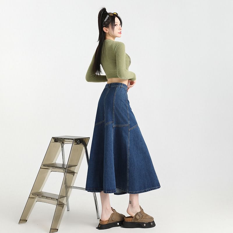High Rise Contrast Stitching Denim Midi A-Line Skirt