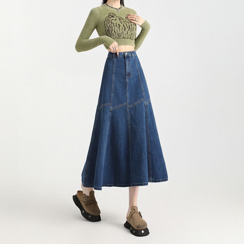 High Rise Contrast Stitching Denim Midi A-Line Skirt