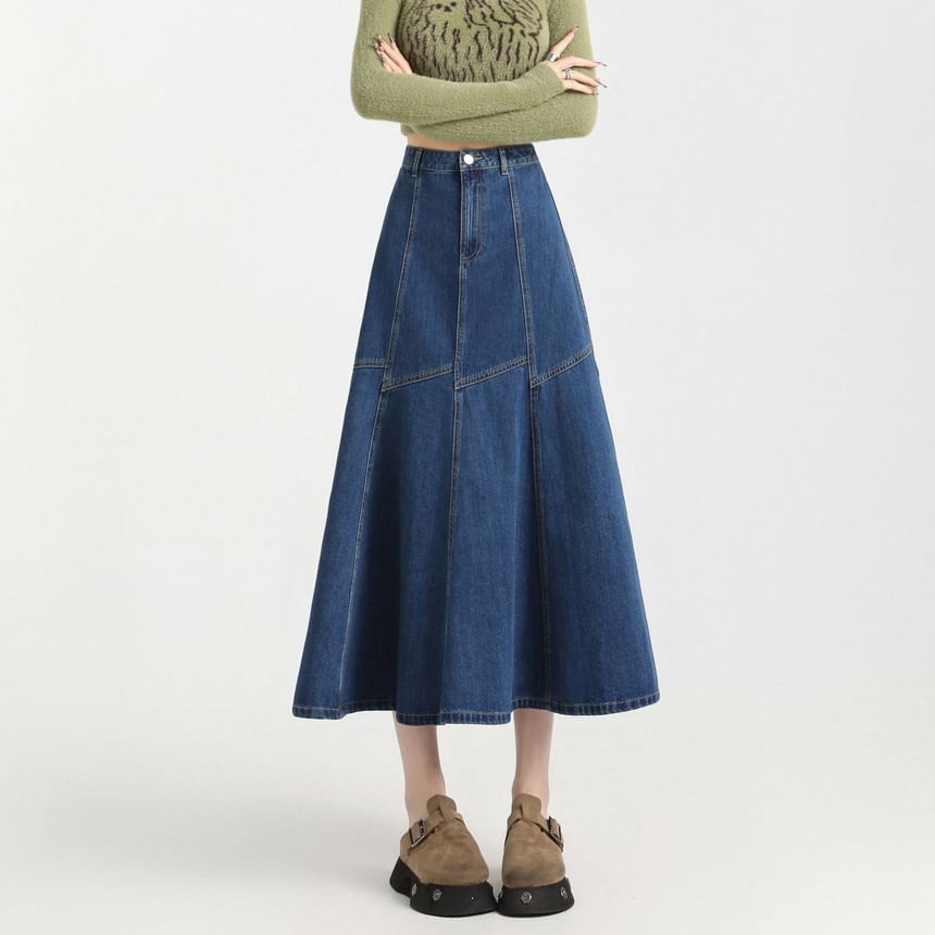 High Rise Contrast Stitching Denim Midi A-Line Skirt