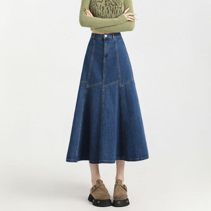 High Rise Contrast Stitching Denim Midi A-Line Skirt