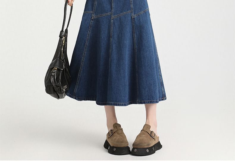 High Rise Contrast Stitching Denim Midi A-Line Skirt