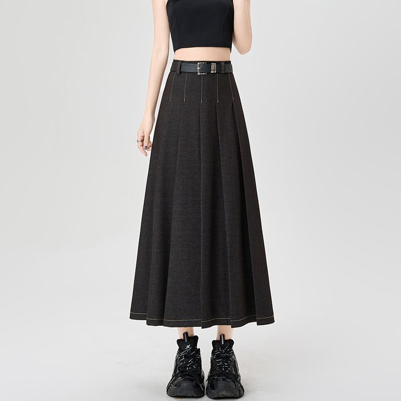 High Rise Contrast Stitching Accordion Pleated Denim Maxi A-Line Skirt