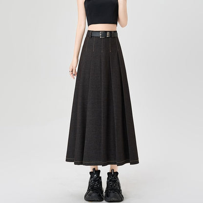 High Rise Contrast Stitching Accordion Pleated Denim Maxi A-Line Skirt