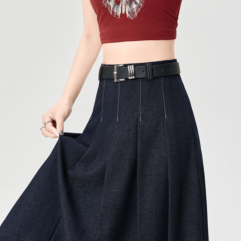 High Rise Contrast Stitching Accordion Pleated Denim Maxi A-Line Skirt