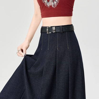High Rise Contrast Stitching Accordion Pleated Denim Maxi A-Line Skirt