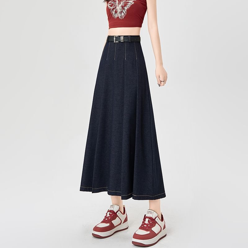 High Rise Contrast Stitching Accordion Pleated Denim Maxi A-Line Skirt