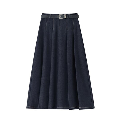 High Rise Contrast Stitching Accordion Pleated Denim Maxi A-Line Skirt