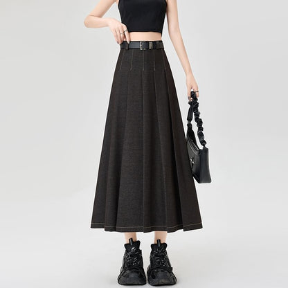 High Rise Contrast Stitching Accordion Pleated Denim Maxi A-Line Skirt