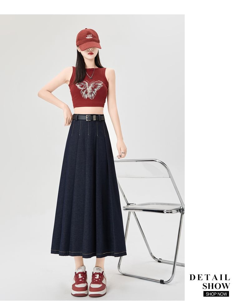 High Rise Contrast Stitching Accordion Pleated Denim Maxi A-Line Skirt