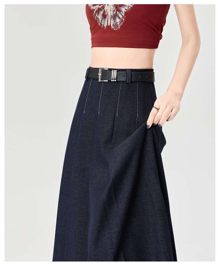 High Rise Contrast Stitching Accordion Pleated Denim Maxi A-Line Skirt