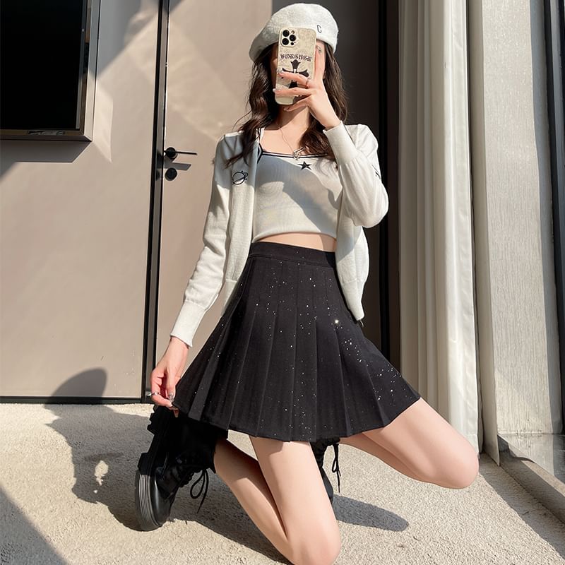 High Waist Sequin Pleated Mini A-Line Skirt