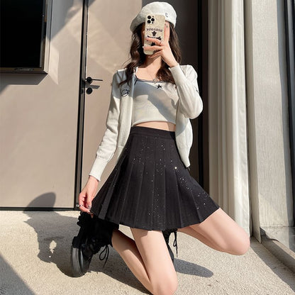 High Waist Sequin Pleated Mini A-Line Skirt