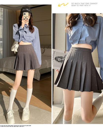 High Waist Sequin Pleated Mini A-Line Skirt