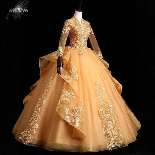Long-Sleeve V-Neck Glitter Embroidered A-Line Evening Gown