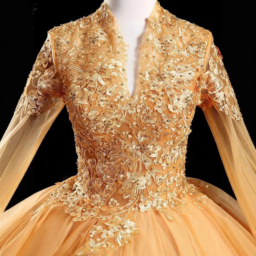 Long-Sleeve V-Neck Glitter Embroidered A-Line Evening Gown