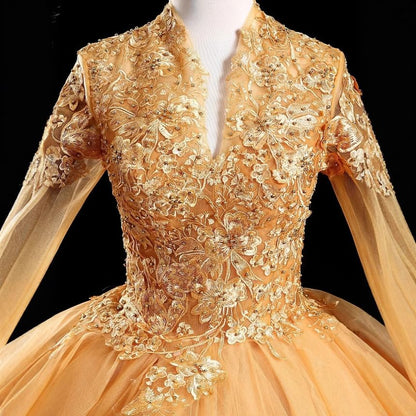 Long-Sleeve V-Neck Glitter Embroidered A-Line Evening Gown